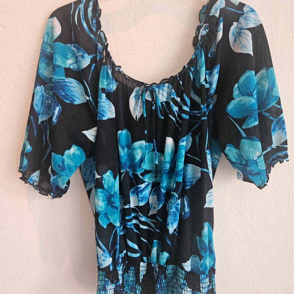 Boho black Blue floral Whimsygoth Tropic gawzy tropical Vacay balloon sleeves M - Picture 5 of 6